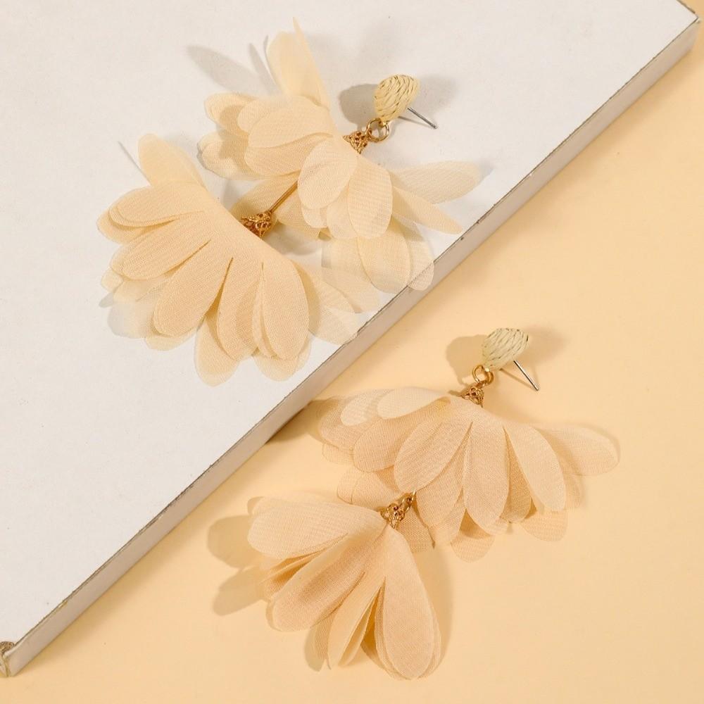 Trendy Exaggerated Chiffon Flower Earrings Boho Style Colorful Long Drop Earrings Handwoven Fabric Tassel Earrings for Women