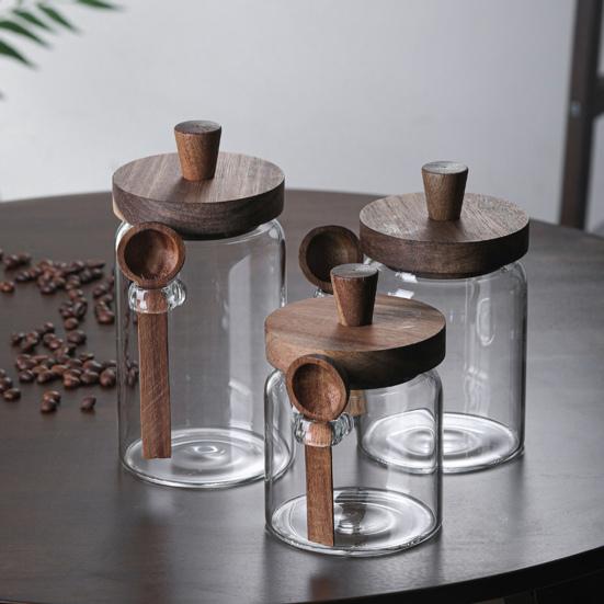 Yousheng Glass Airtight Canister Sealed Jar with Wooden Spoon Transparent Food Storage Jar for Spice Coffee Beans Kitchen Pantry Supplies