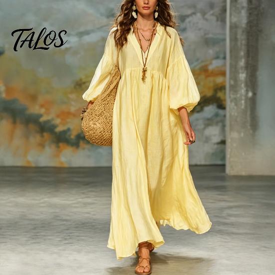 Polyester Dress Women Women's Deep V Neck Maxi Dress, Puff 3/4 Sleeve Retro Style A-Line Flowy Casual Loose Boho Beach Sundress Everyday Wear