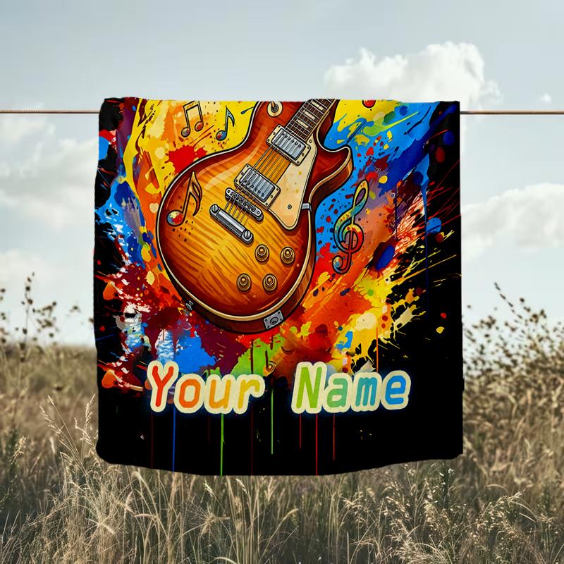 1PC Custom Name Music Notes Guitar Art flannel blanket versatile,all-season throw suitable for the living room,bedroom,camping,travel,and gift