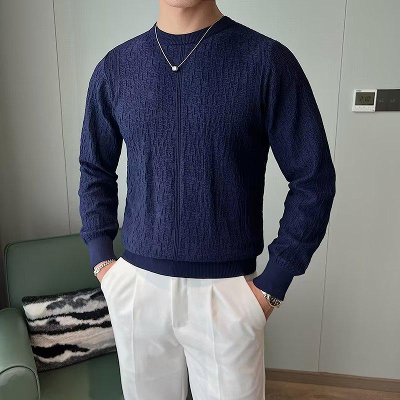 Męski dopasowany sweter żakardowy z okrągłym dekoltem - Koreański styl Kolekcja Jesień/Zima
