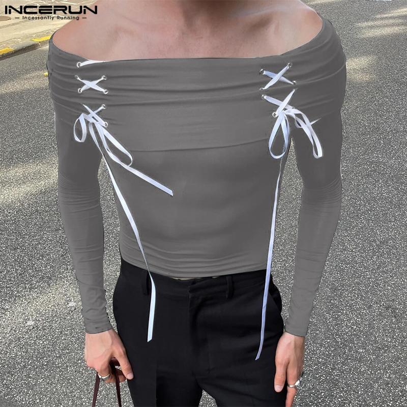 INCERUN Men Off Shoulder Bandage Lace Up Fitted Long Sleeve Crop Tops