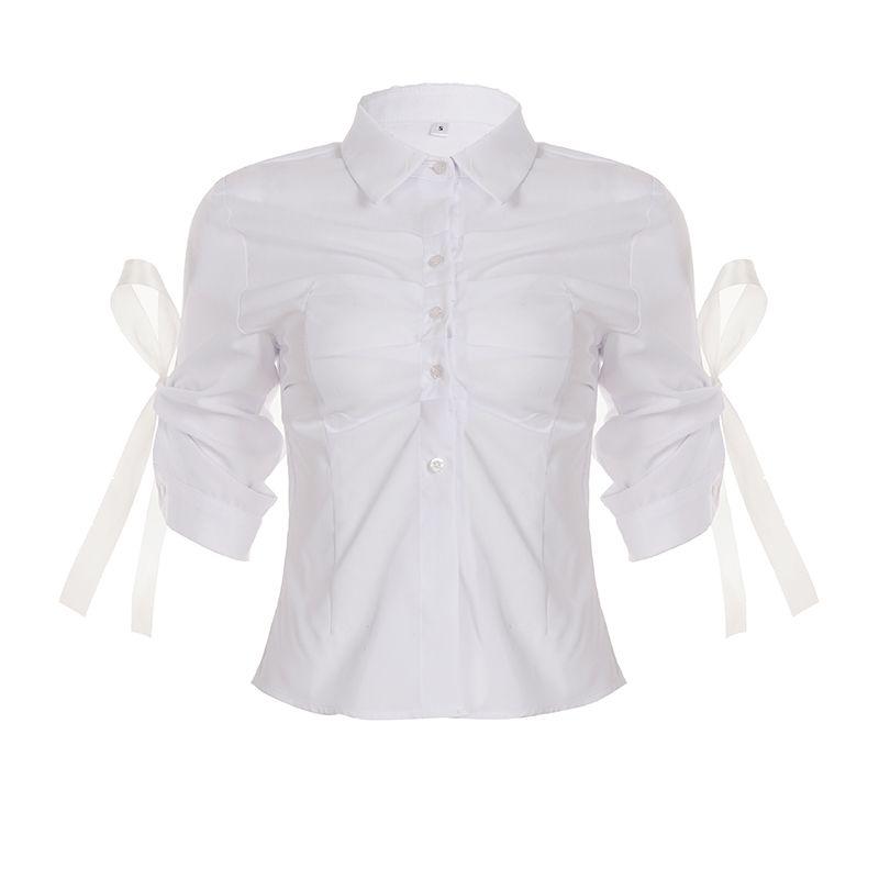 

H s European and American Women s Clothing Siren Style Stylish Ruched Breasted Lace-up Shirt Women s Waist-Tight Elegant White Short Top White S