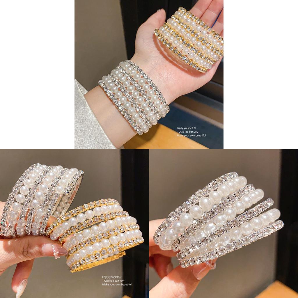 Pearl Multilayer Open Cuff Bracelet With Rhinestone Embellishments For Elegant Women