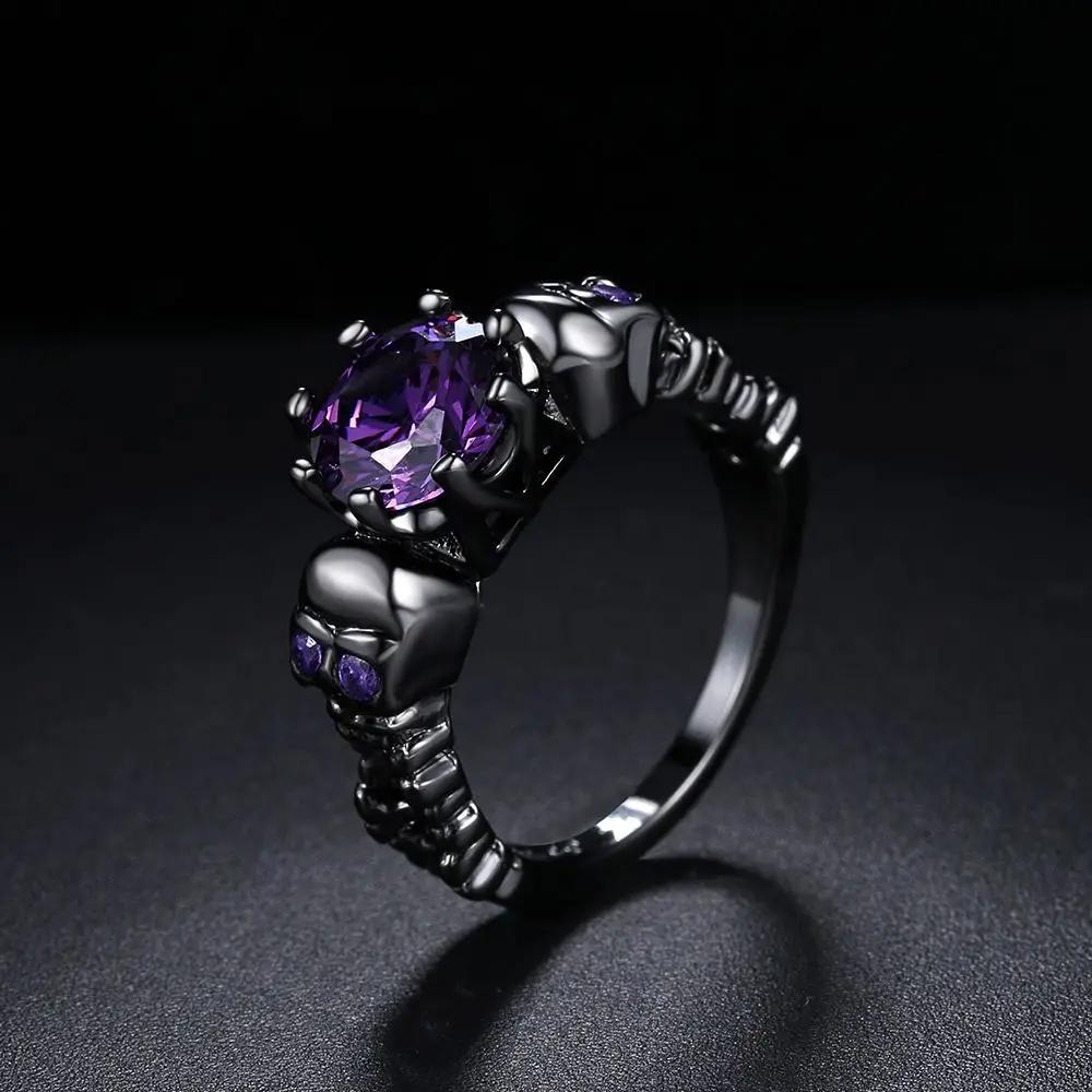 Hot Sale Western Fashion Black Skull Ring Personality Gothic Delicate Purple Zircon Copper Ring for Punk Women Statement Jewelry