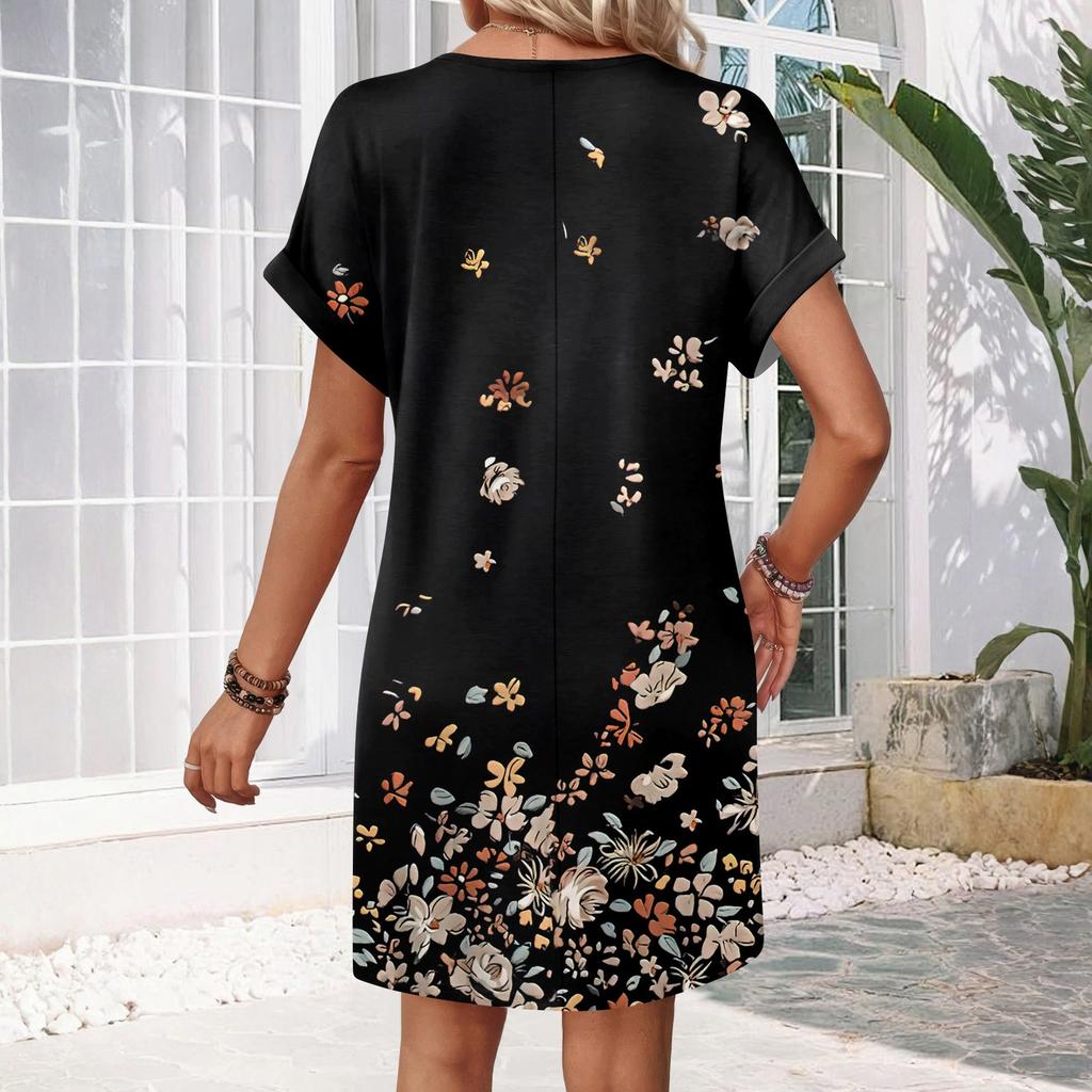 Damenmode Druck V-Ausschnitt Kurzarm Tasche Lässiges Pulloverkleid