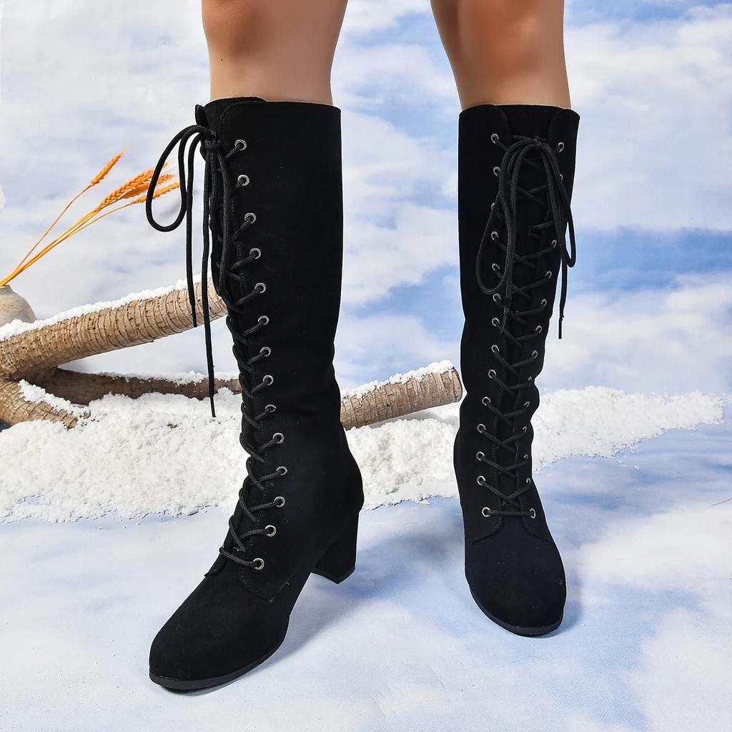 2026 New Autumn Trend Comfortable Designer Mid-calf Fashion Boots Woman Middle Heels Knee High Lace Up Boots Shoes for Women