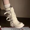 Boots Women's French Cream White Round Head Belt Buckle Pants Boots Small Thick Bottom Medium Tube