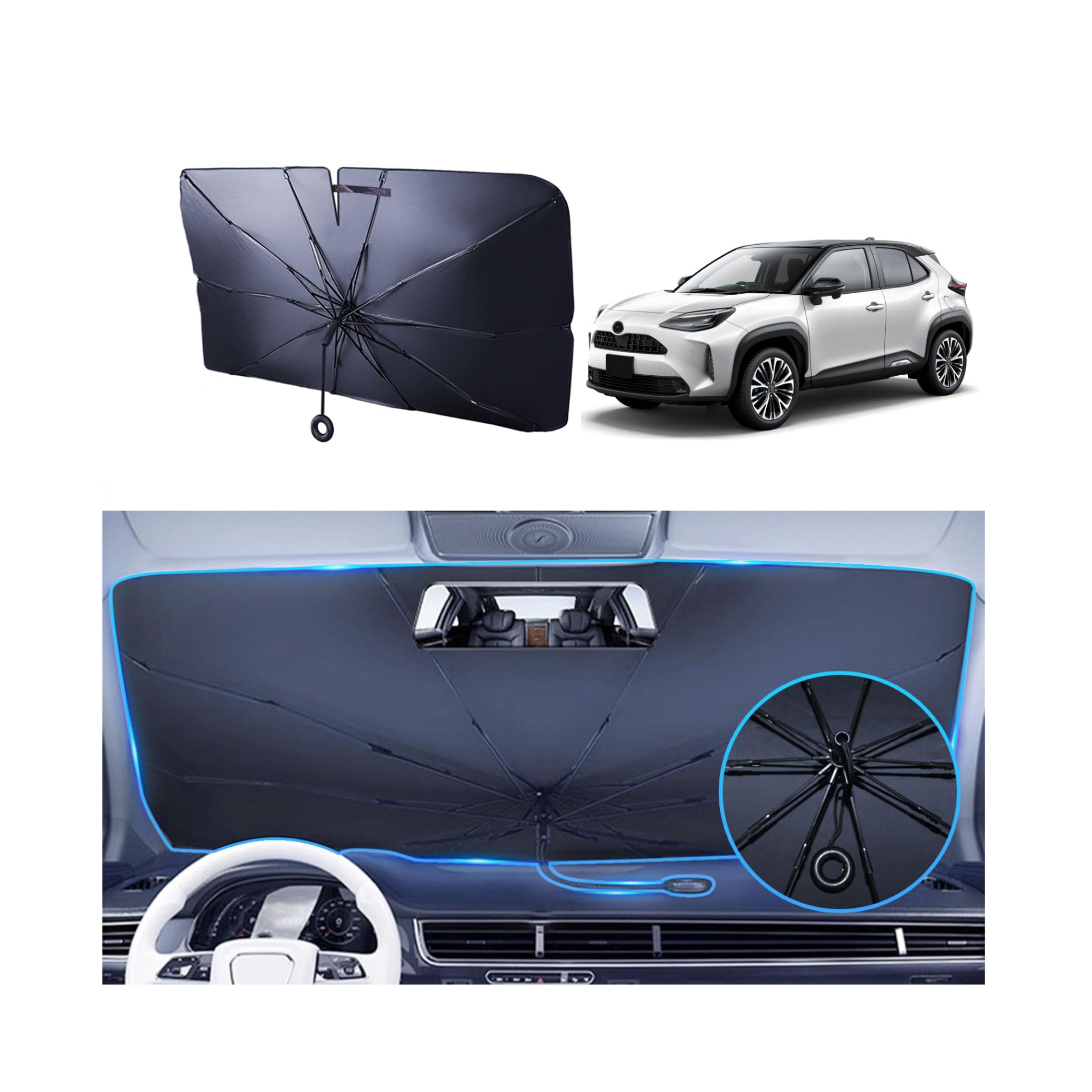 

Persevere 2025 Улучшенный автомобильный солнцезащитный козырек Toyota Yaris Cross Без средней стойки Складной Зонт-козырек на лобовое стекло Конструкция с отверстием Не повреждает интерьер чёрный