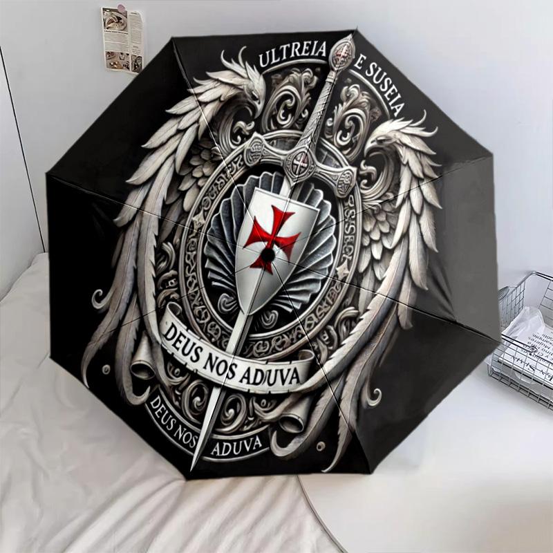 1PC Knightly Crusader Emblem Automatic Umbrella - Suitable Travel Outdoor Portable Umbrella Birthday Gift Daily Essentials