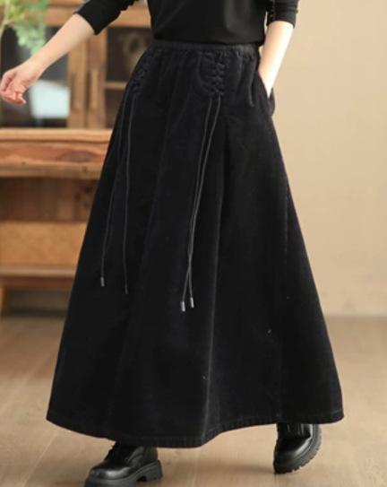 Women Vintage Corduroy Midi Skirt Elastic Waist Drawstring A-Line Maxi Skirt Casual Solid Long Half Skirt Autumn