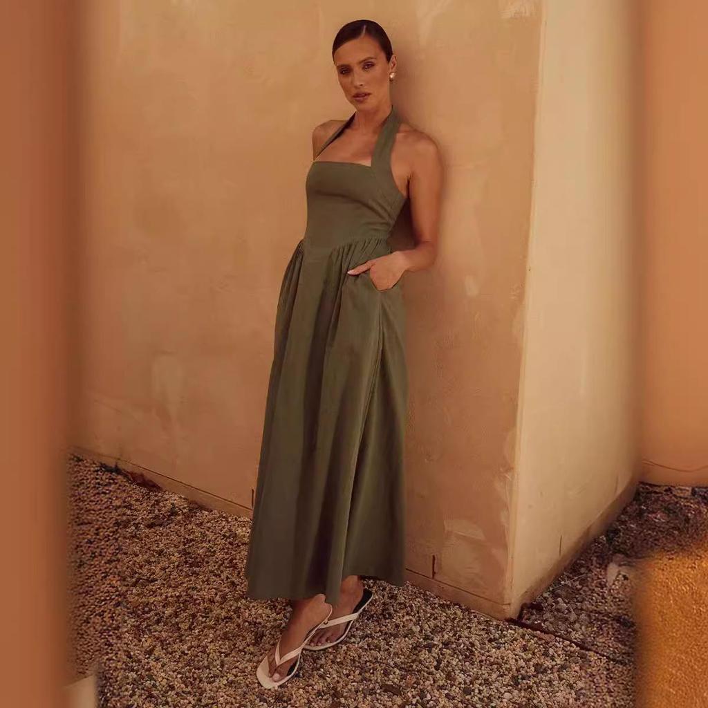 Women Spring Sleeveless Strap Slim Halter Dress Summer Casual Ankle-Length Backless High Waist Pocket Dresses S-XL