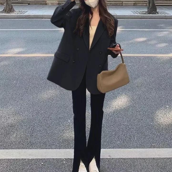 Women's Brown Double-Breasted Loose Suit Jacket - 2024 Autumn Korean High-End Fashion Trend