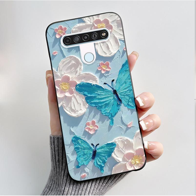For LG Q61 LM-Q630N Slim Black Soft Silicone Case Luxury Fashion Flower Butterfly Painted Cover for LG K61 Q61 Q 61 Phone Casing