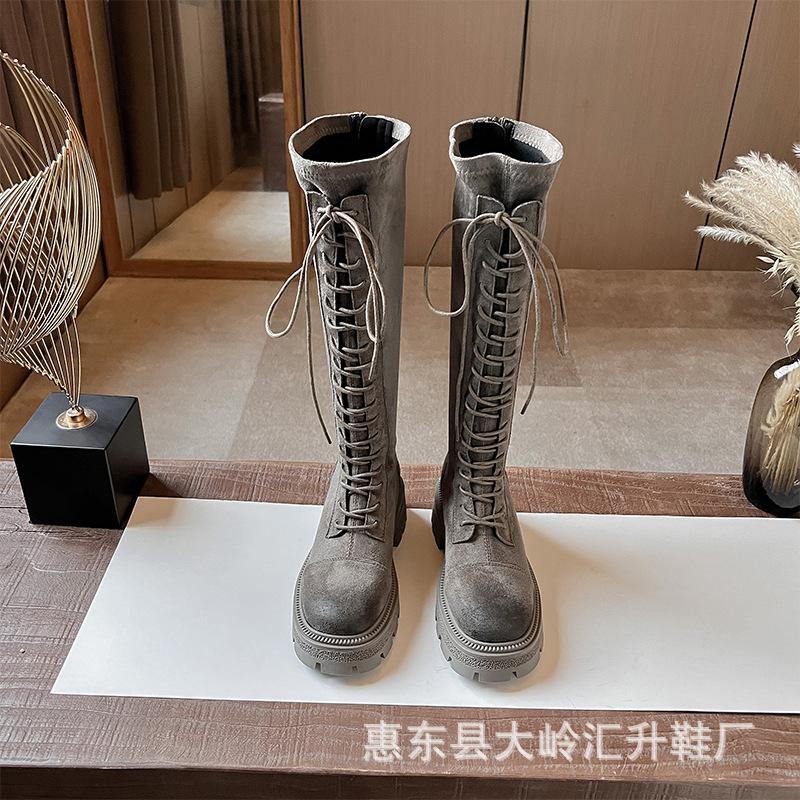 Black Skinny Boots Martin Boots Thick Bottom Yang Sheep Hunting Suede Fashion Skinny Spice Girl Black Drawstring Boot Cover