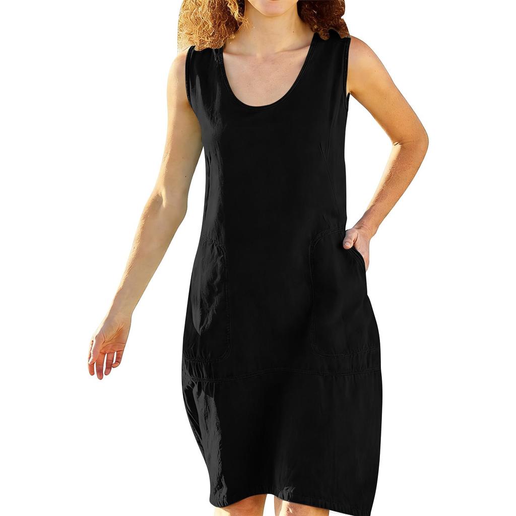 Womens Fashionable Loose-Fit Sleeveless Cotton-Linen -Color Dress With Pockets