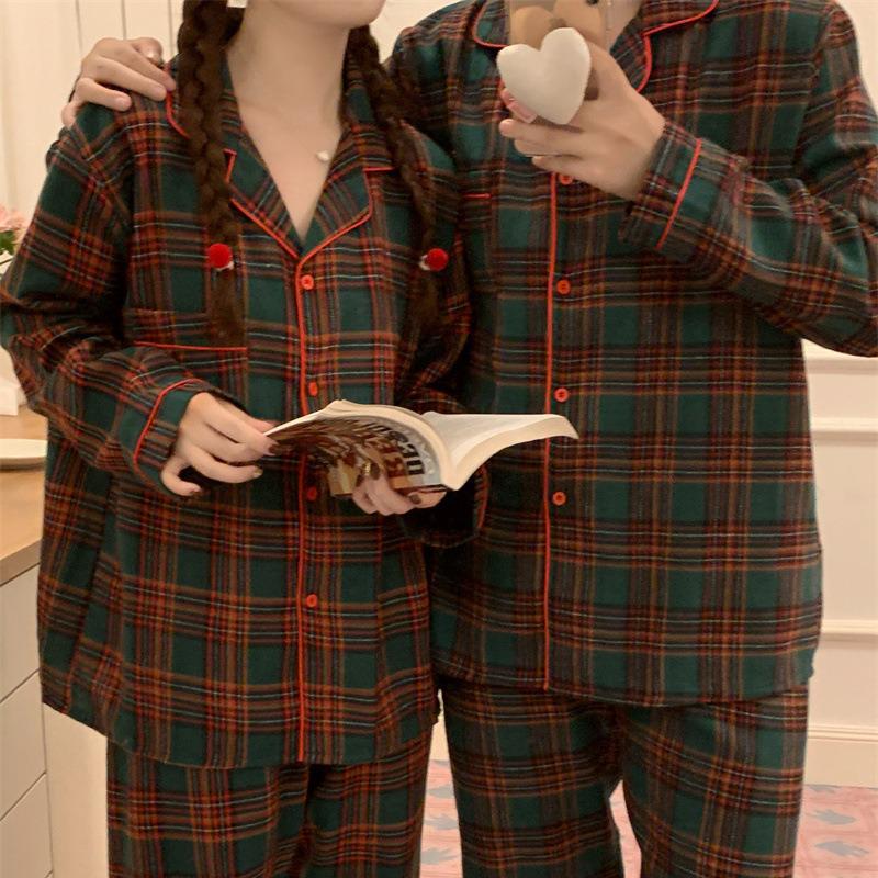 Podzimní/Zimní Korejská Kostkovaná Pár Pyžamová Sada - Dlouhý Rukáv, Dlouhé Kalhoty na Vánoce.