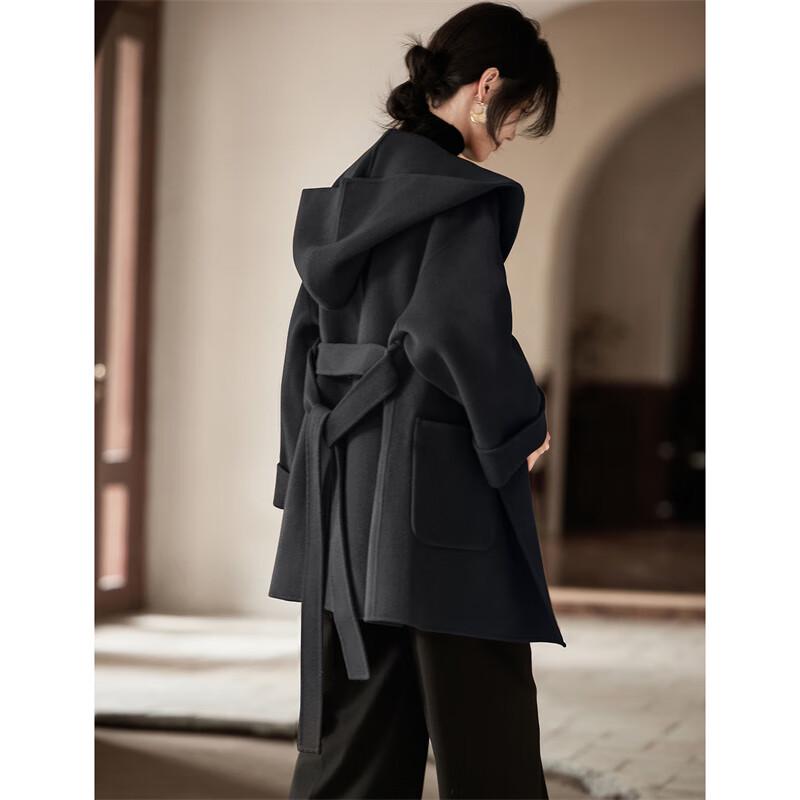 Women's Hand-Sewn Hooded Double-Faced Wool Blend Coat