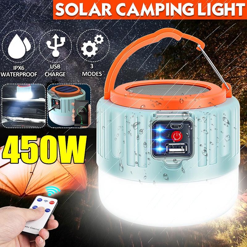 450Watts Solar LED Camping Light Portable USB Night Light Rechargeable Bulb For BBQ Hiking Emergency Lights Outdoor Tent Lamp