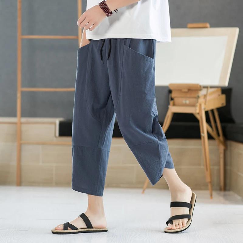 Men Chinese Style Cotton Beach Pants Men Retro Streetwear Calf-Lenght Bottoms Man Casual Traditional Trousers Summer Harem Pants