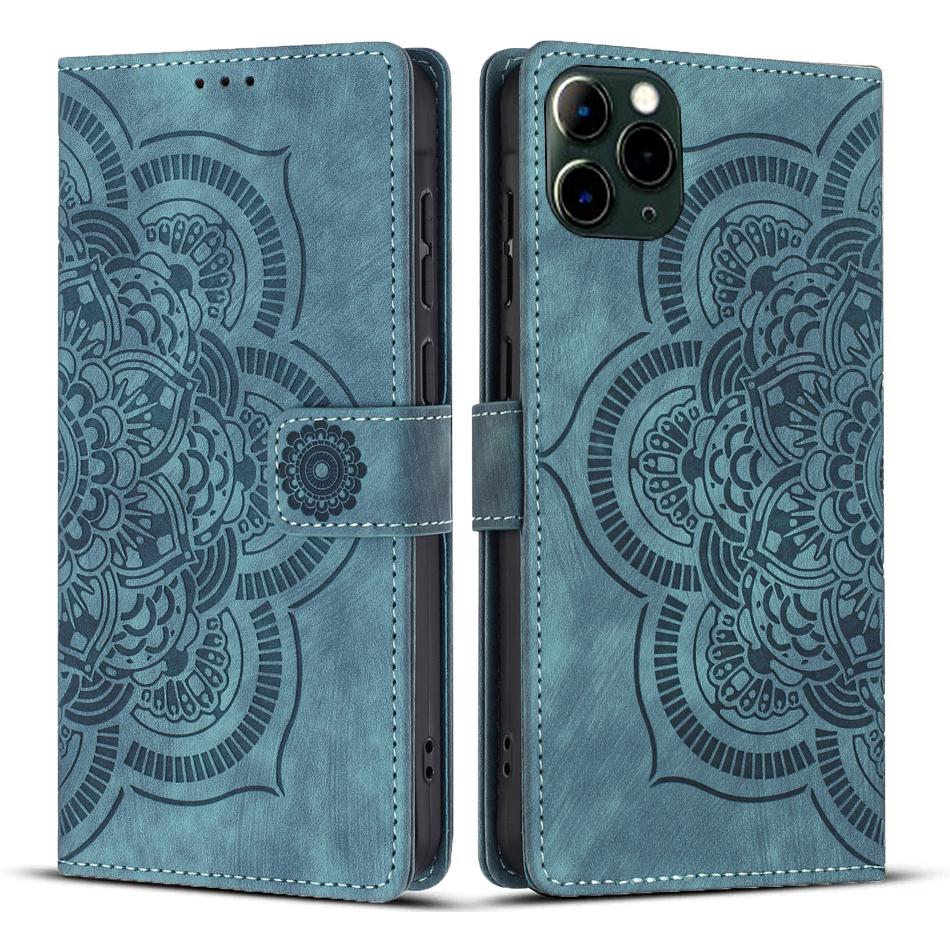 

For iPhone 12 Pro 6.1 inch Leather Case WANLONFENG HDM Series Mandala Imprint Wallet Stand Phone Cover Blue