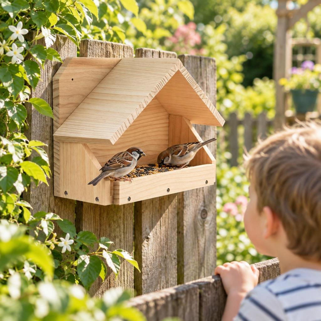 UncoveredFront Wooden Bird Feeder WoodGrain with Pitched Roof WeatherResistant