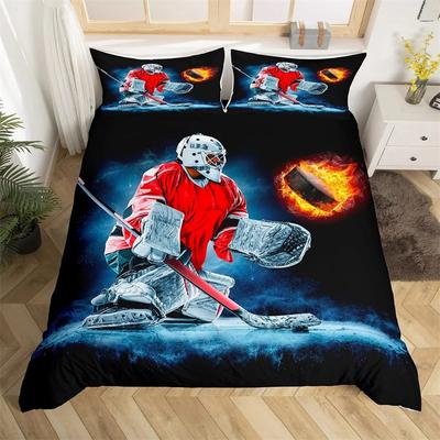 Housse de couette King Queen avec motif de hockey sur glace, ensemble de literie pour adolescents, motif balle de hockey brûlante, noir, 2/3 pièces, housse de couette en polyester