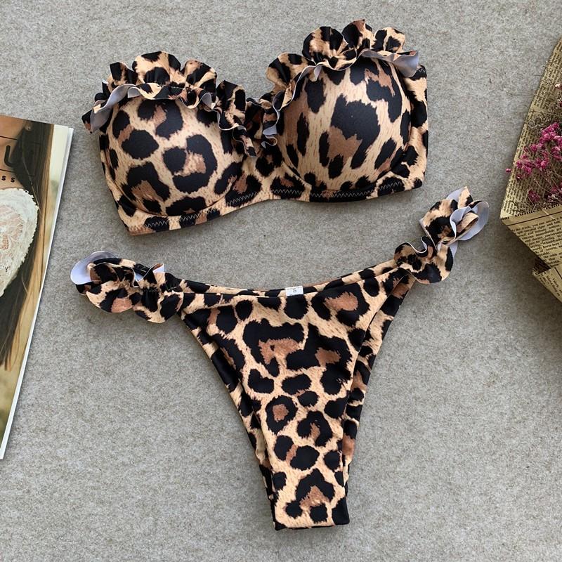 Leopard Bikini 2023 Frauen Sexy Push Up Bademode Weiblichen Rüschen Badeanzug Gepolsterte Schwarz Bademode Badenden Badeanzug