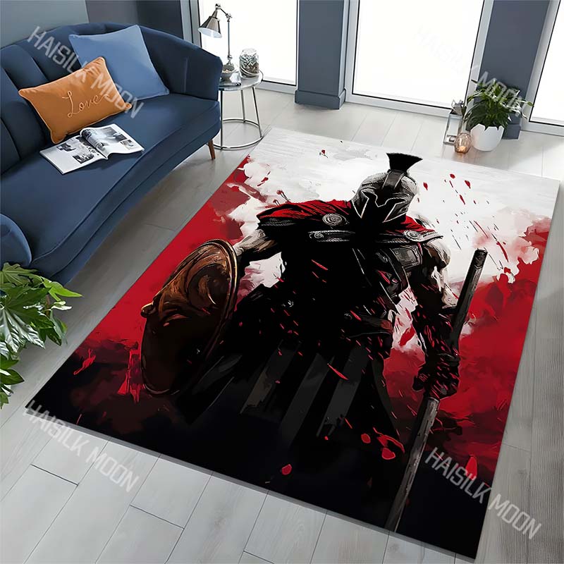 1PC Spartan warrior helmet red cape spear shield Print Carpet for Living Room Bedroom Sofa Home Decor Rus Non-slip Floor Mat