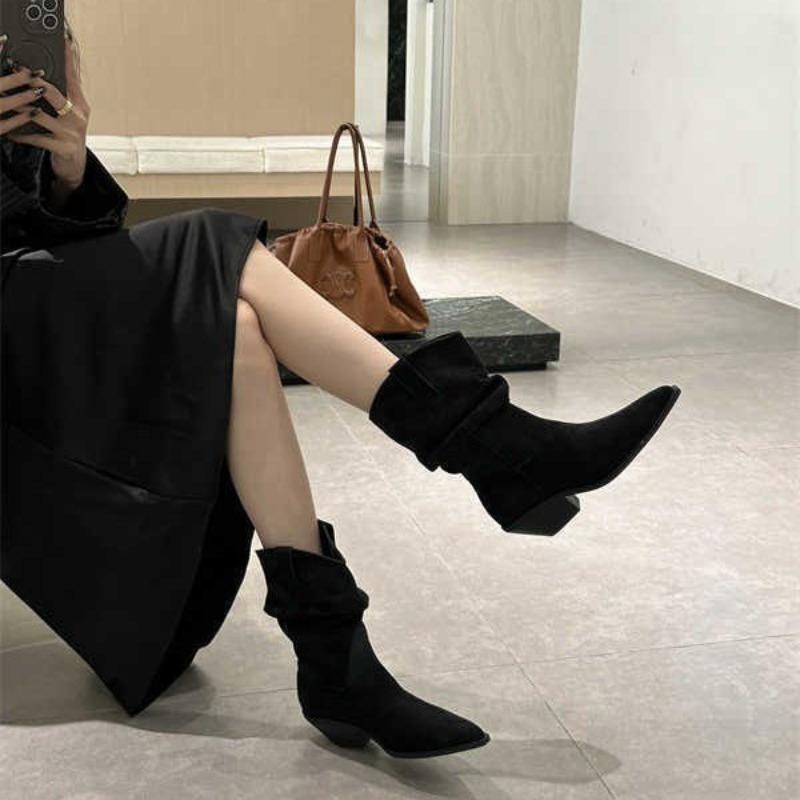 Autumn and winter new suede pointed thick heel medium heel short boots medium boots high heel pile boots western cowboy boots