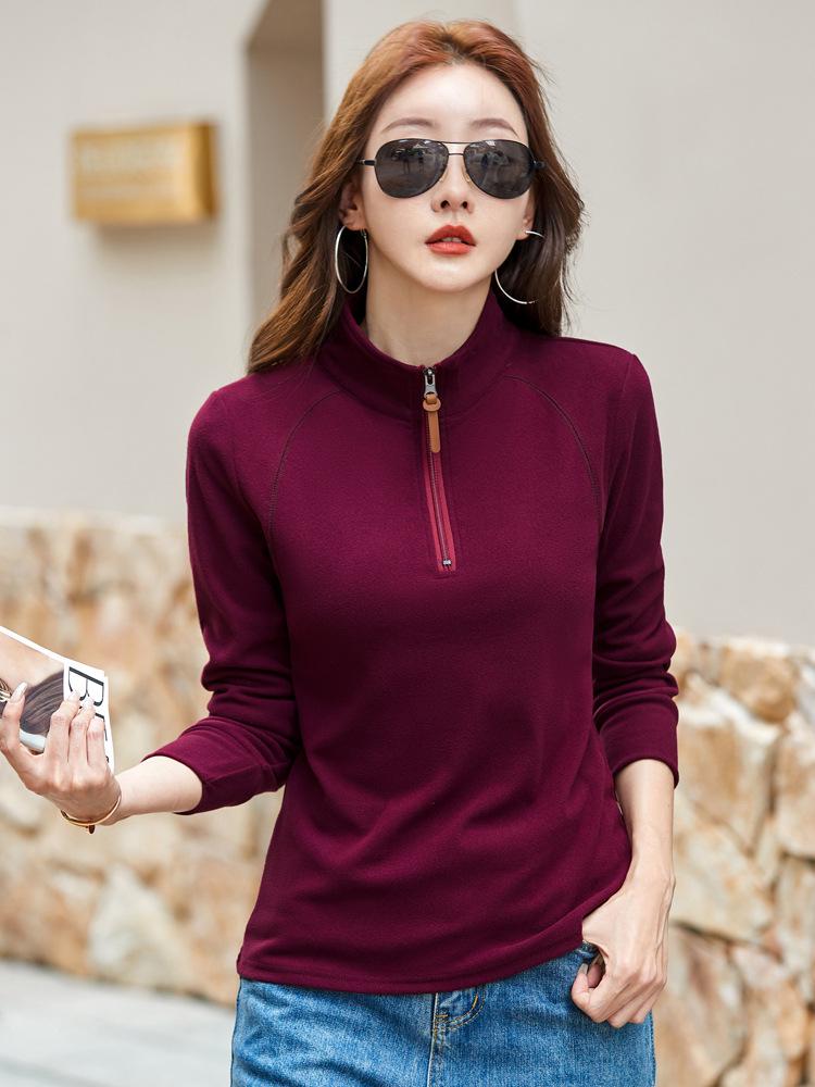 Women's Stand-Up Collar German Velvet T-Shirt: Autumn/Winter 2025, Long Sleeve, Casual Warm Base Layer Top.