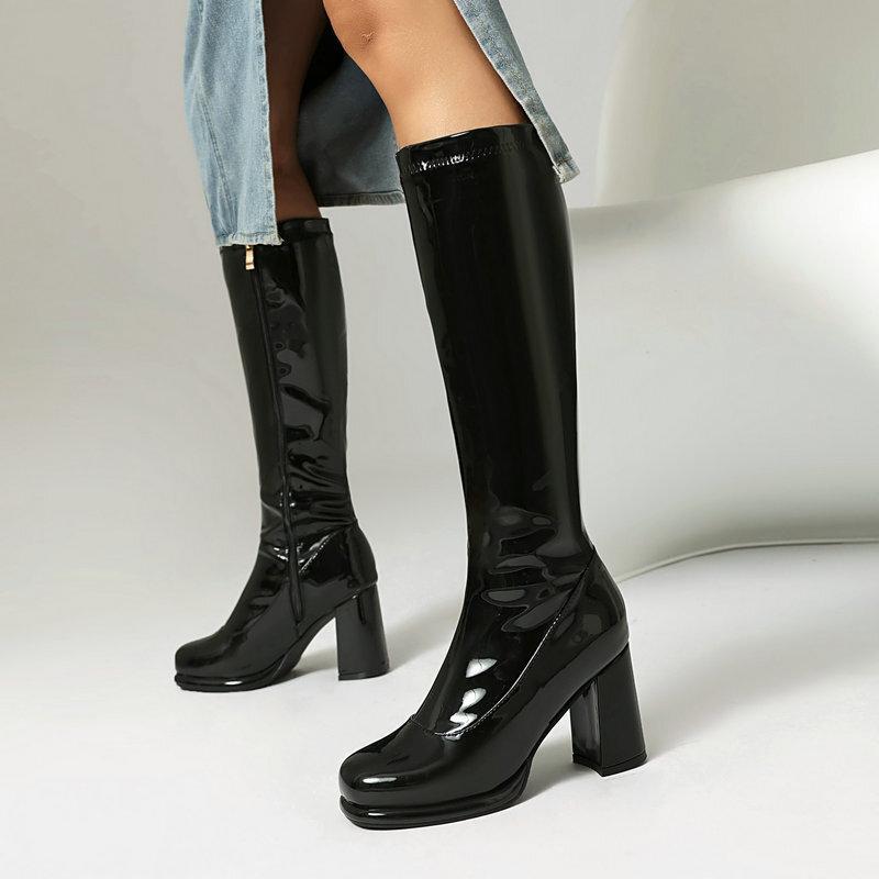 Women's Tall Boots Glossy Patent Leather Round Head Waterproof Table Thick Sole Thick Heel High Heel Side Zipper But Knee Boots Elastic