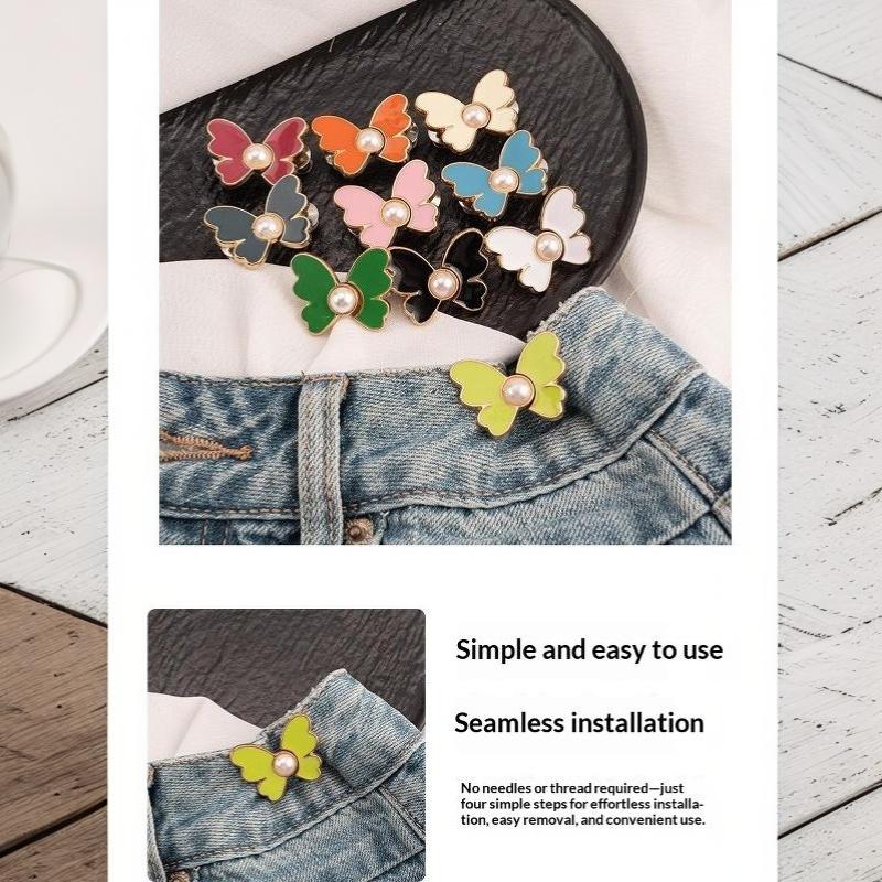 2Pcs Pearl Butterfly Adjustable Pant Waist Tightener Jeans Alloy Button No Sewing Required Easy To Install Accessory Pins