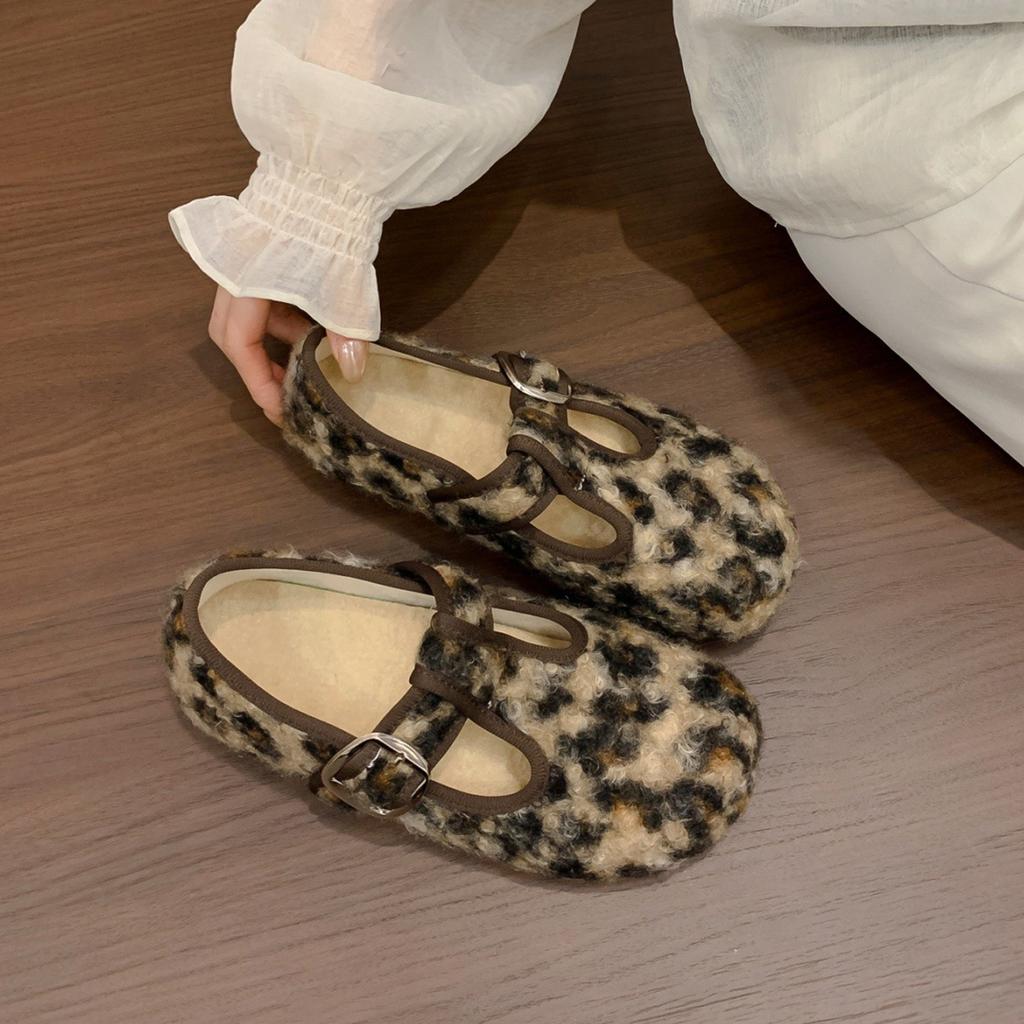 Gentle wind gray fluffy shoes outer wear year season flat soft sole velvet cotton Mary Jane shoes