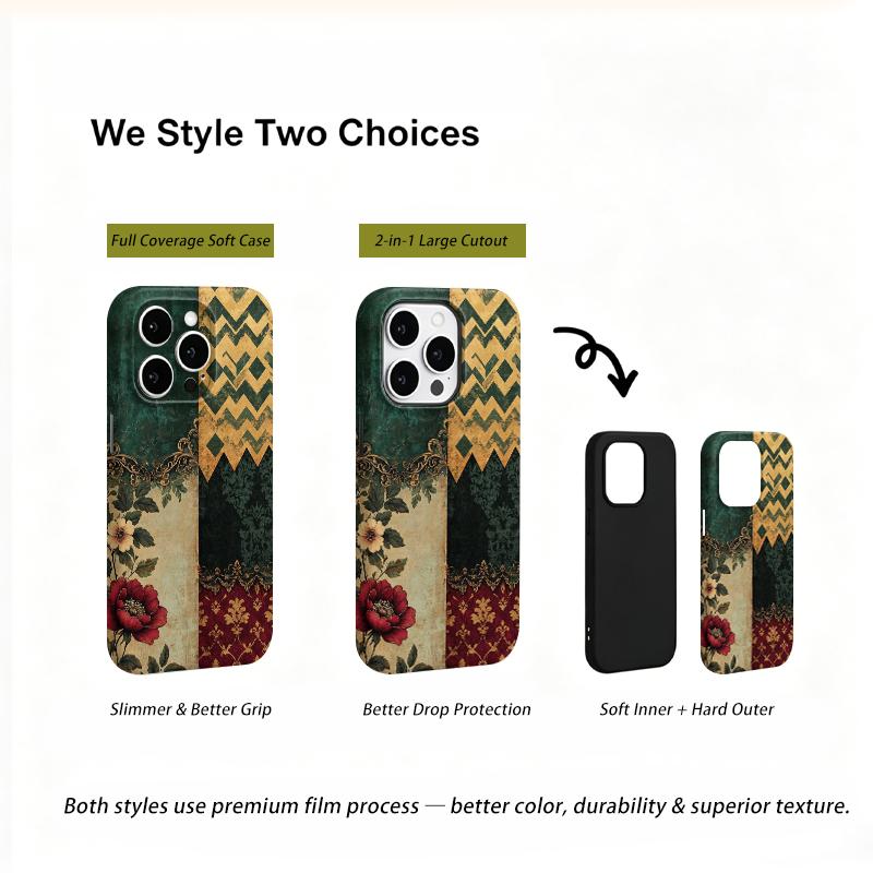 Noble Green Gold Baroque Patchwork Floral Art Graphic Film Aesthetic Protective Shockproof Bumper Case For iPhone 13 14 15 16 17 Pro Max Plus
