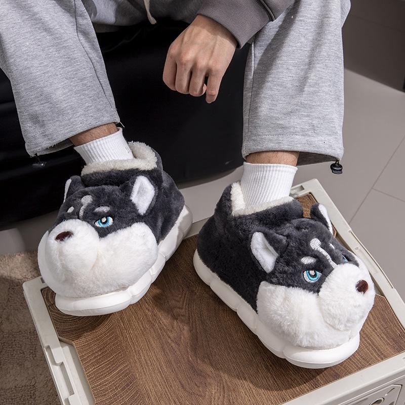 Men's Winter Cartoon Slippers - Plush Velvet, Non-Slip, Closed-Back Cotton Shoes