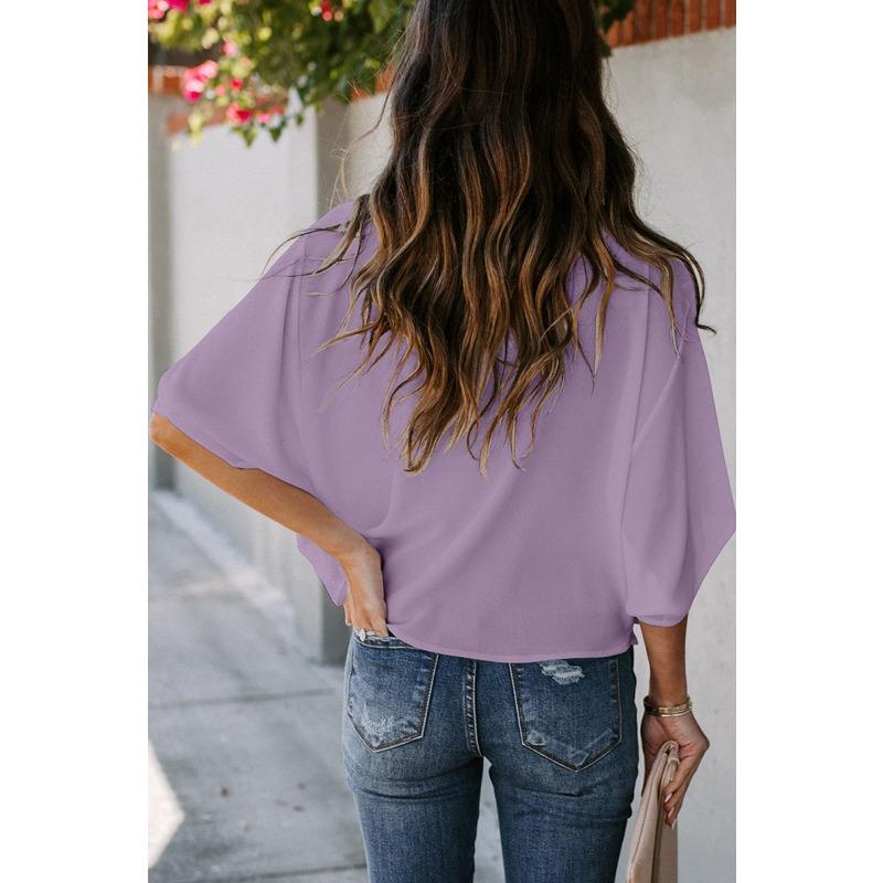 Women's New Spring and Summer Chiffon V-neck Bat Sleeve Casual Loose Solid Color Top