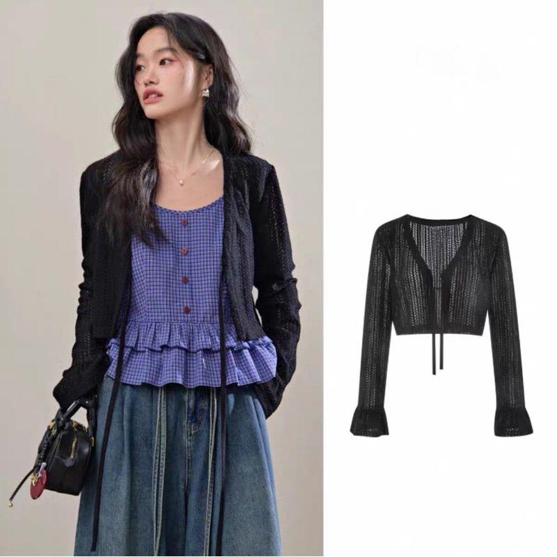 

Dark Blue Bowknot Knitted Sweater Sweater Cardigan Short Coat 2025 Spring New Women s Blouse Fall and Winter Cardigan Black (Summer) S