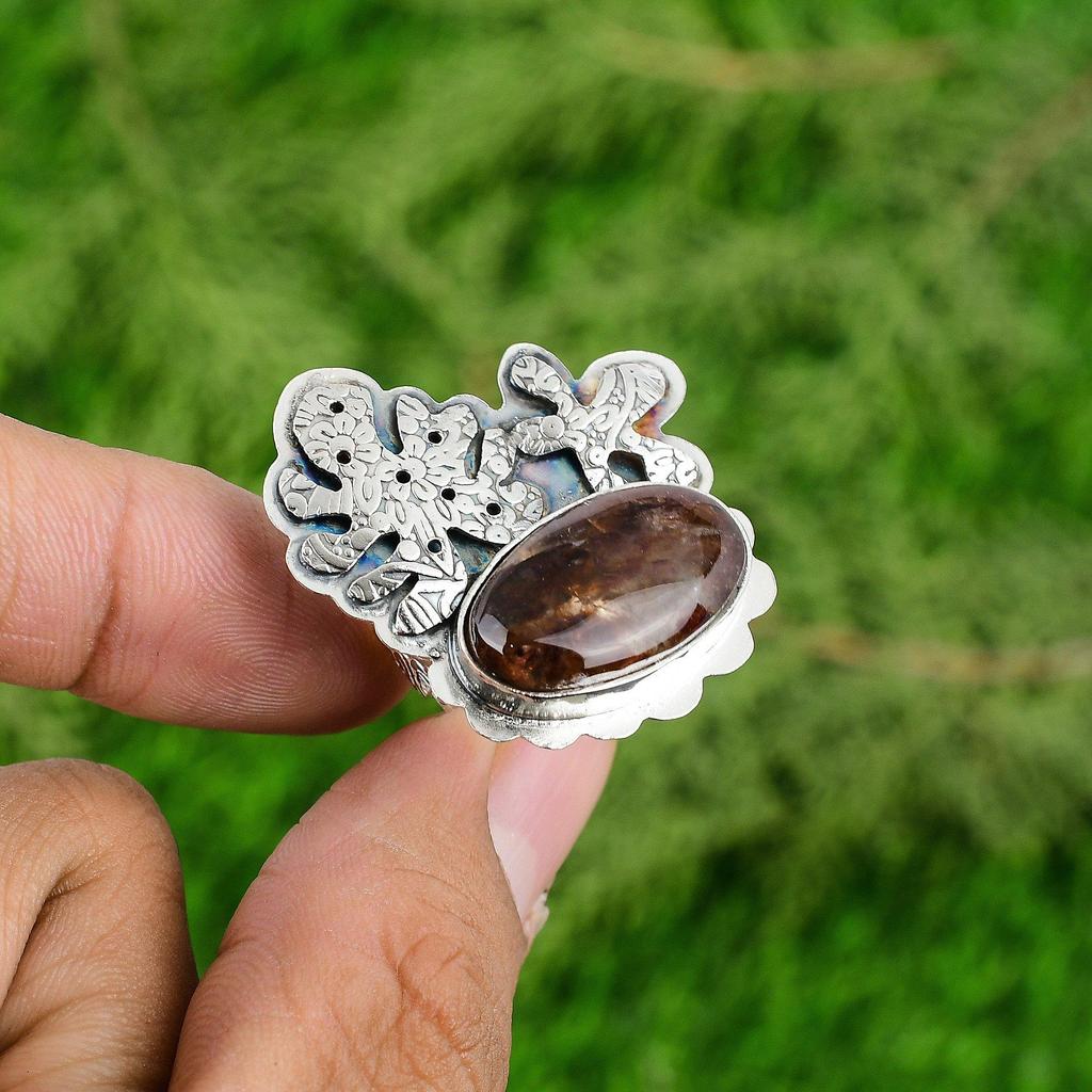Gift For Women Solitaire Adjustable Ring 925 Silver Natural Elestial Quartz