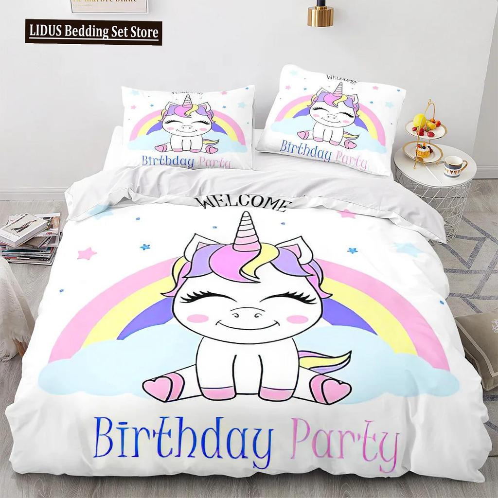 Cartoon Unicorn Duvet Cover King Queen Lovely White Mythical Animal Bedding Set Kids Girl Colorful Rainbow Polyester Quilt Cover