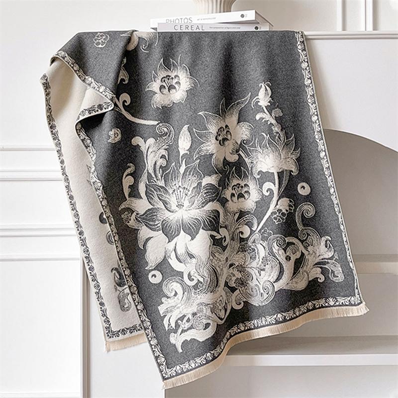 Winter Cashmere Scarf for Women Luxury Warm Shawl Floral Print Windproof Cape Pashmina Handerchief Designer Female Scarf