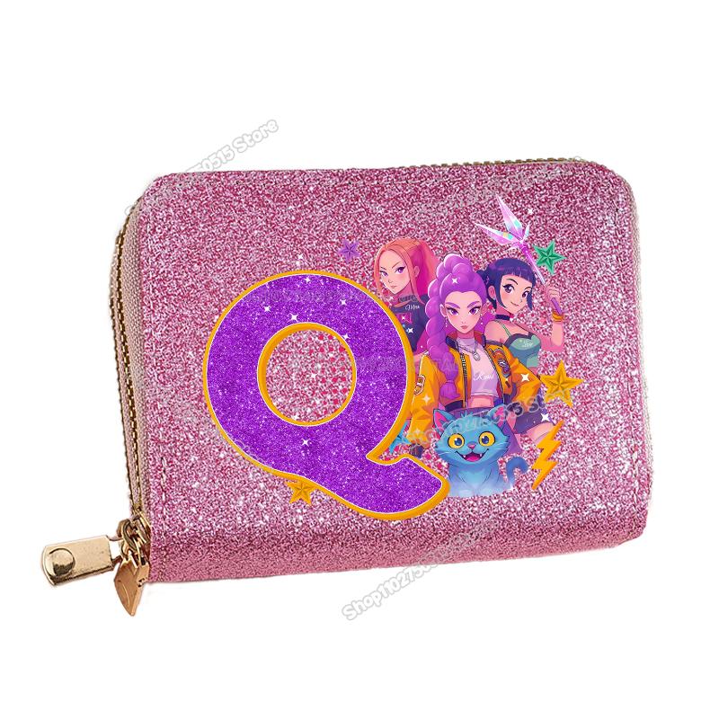 Korean Pop Demon Hunters Letter A-Z Women Short Wallet Bling Sequin Pu Leather Wallets Zipper Coin Purse ID Card Holder Girl Purse