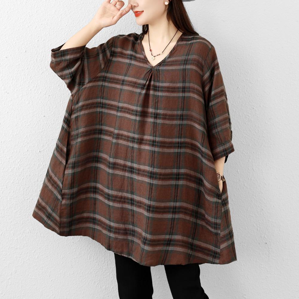 DIMANAF 2026 Summer New Plus Size Women T-Shirts Casual Vintage Print Plaid Blouse Shirts Lady Tops Tees Cotton Oversized