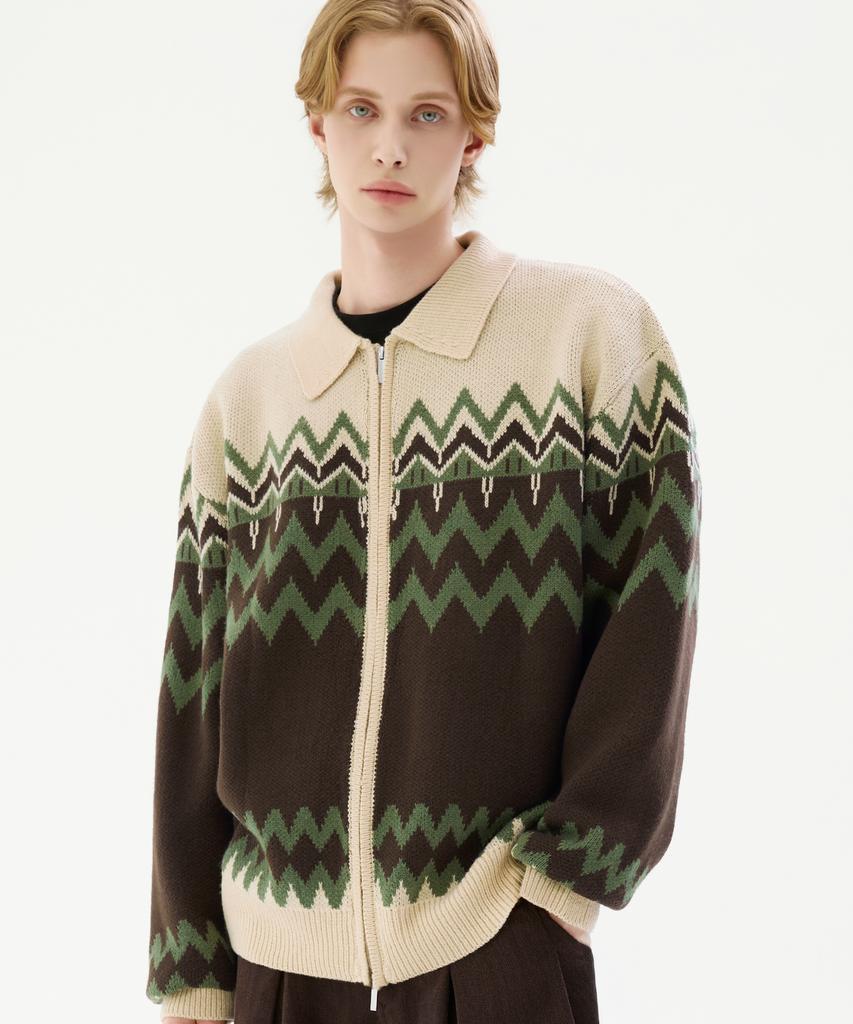 TRILLION Washable Nordic Jacquard Collar Neck 2-Way Zip-Up Knit [Beige]