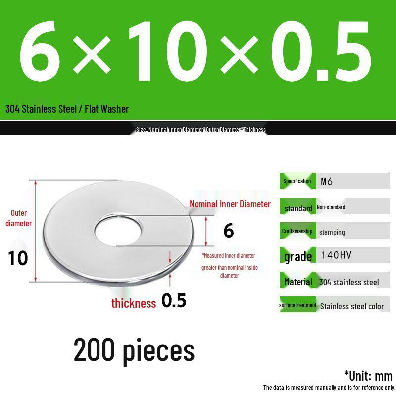 304 Stainless Steel Thickened Flat Washer Set, Sizes 2-36