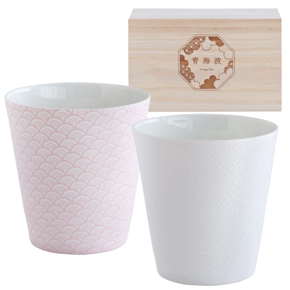 Dolce Duo Pair of Lightweight and Thin Tumblers with a Seigaiha Wave Made In Wooden Perfect for Cold Japanese Design, Japan, Porcelain, Box, Sake,