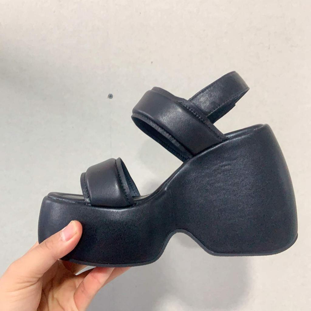 Krazing Pot Sheepskin Peep Toe Thick High Heels Platform Summer Shoes Hook Loop Casual Women Sandals