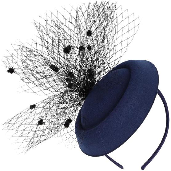 Women’s Classic Hat and Hair Fascinator Clip, Navy Blue Mesh Veil Headband, Dress Hat for Wedding, Tea Party, Cocktail, Special Occasion