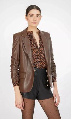 Genuine Button Party Classic Stylish Women Blazer Real Lambskin Leather Brown