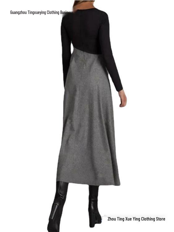 Color Block V-Neck Woolen Dress with Long Sleeves and Patchwork Hem for Autumn and Winter